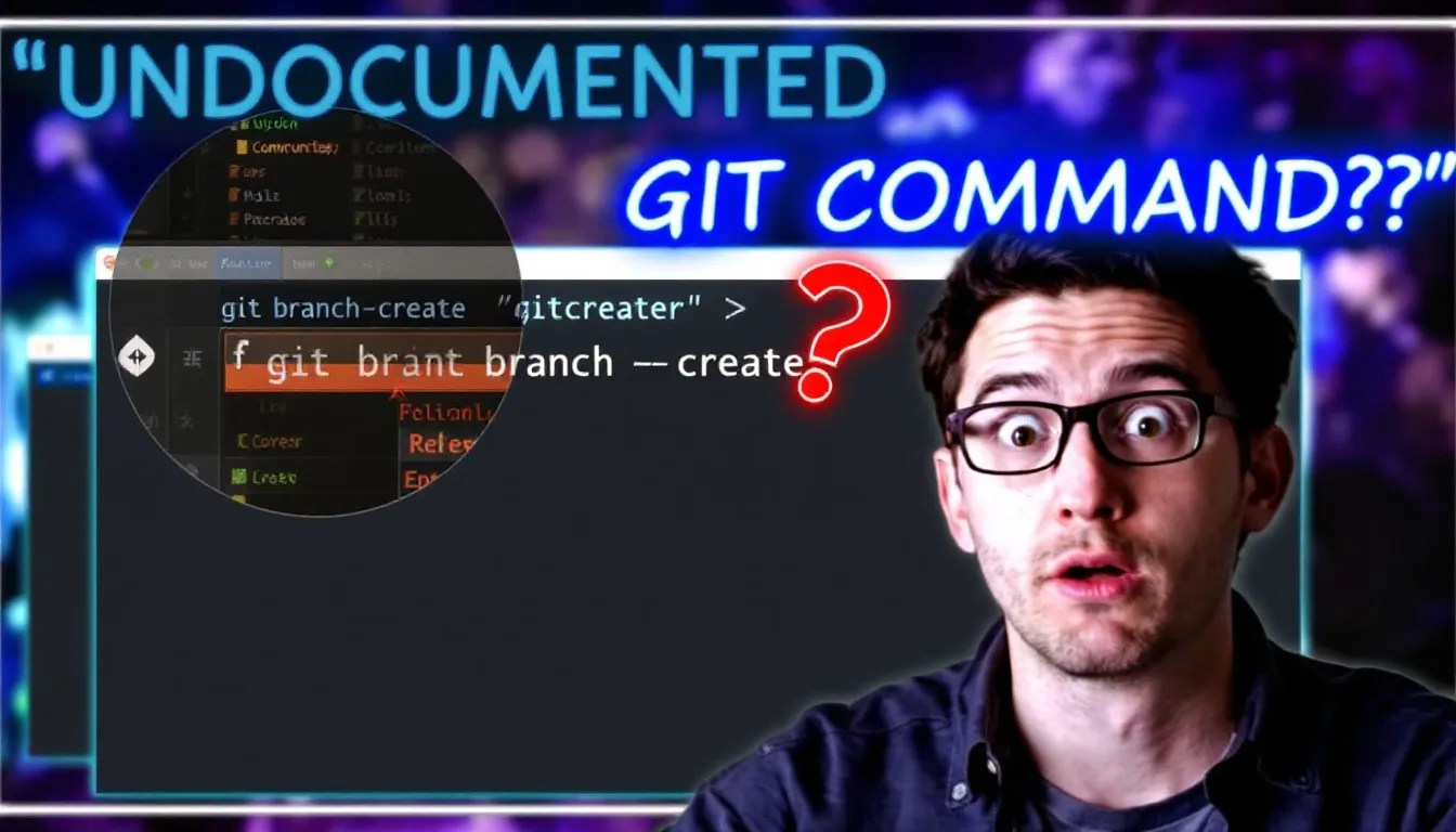 Developer puzzled by an undocumented Git command with a terminal showing `git branch --create` and a question mark hovering over it.