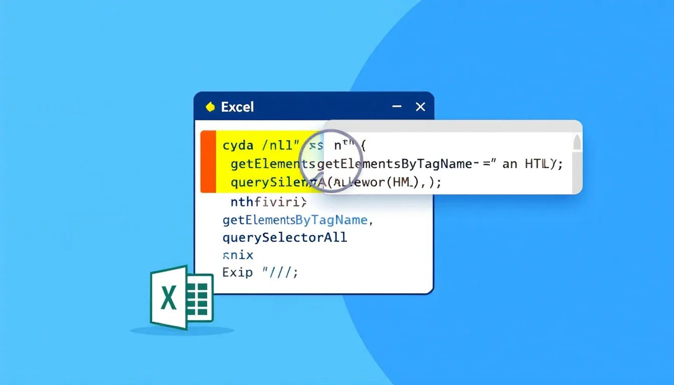 VBA code extracting the nth element from an HTML document, with Excel automation highlighted.