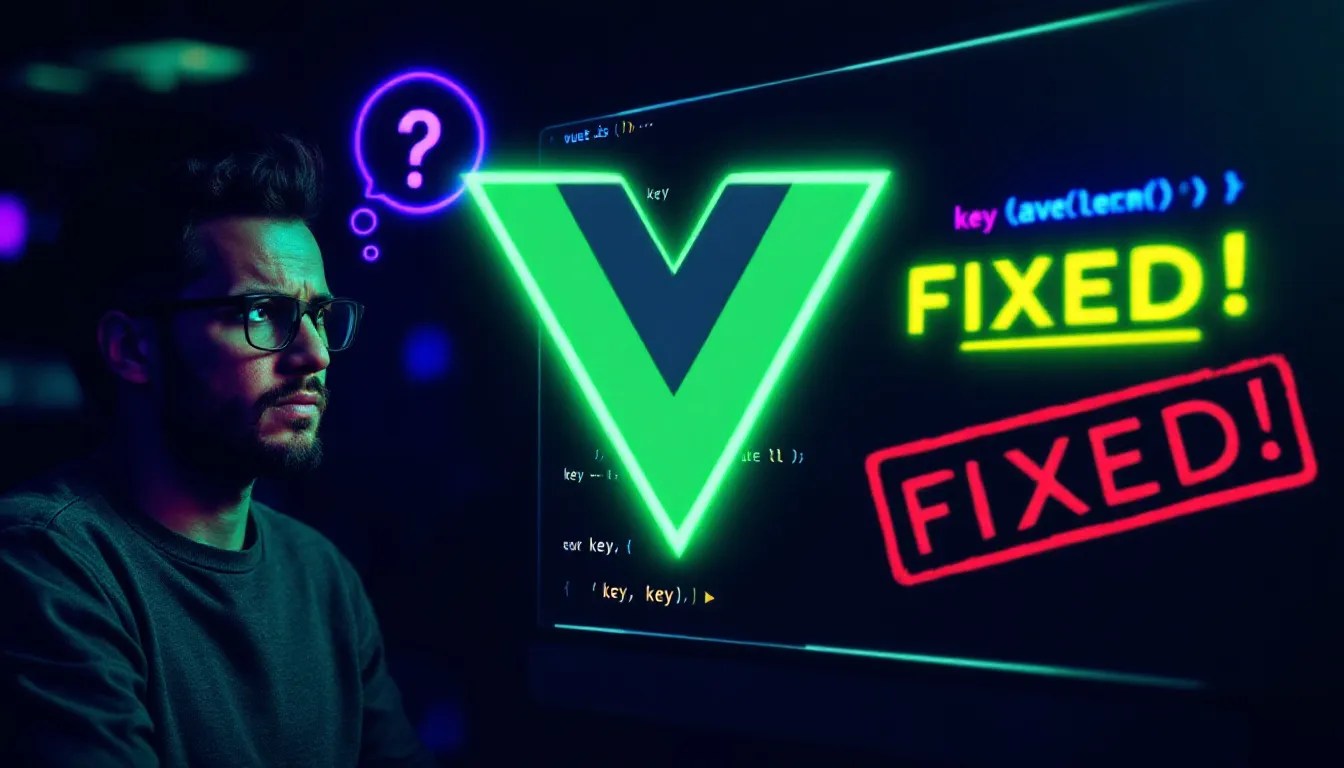 Vue.js developer struggling to access the 'key' attribute, with a highlighted code snippet and solution indicator.