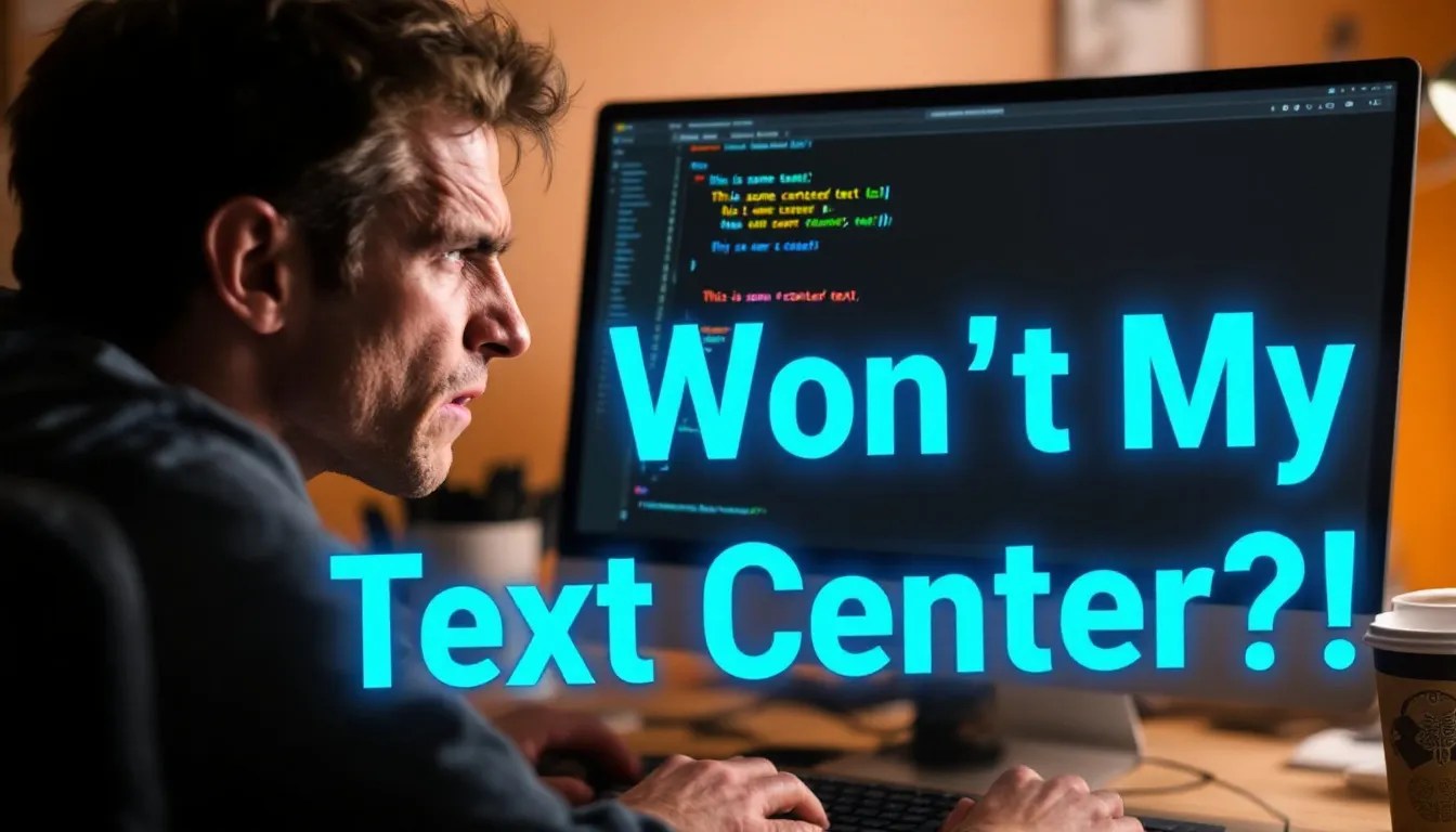 Frustrated developer looking at misaligned text inside a `` on a code editor screen, highlighting a common CSS issue.
