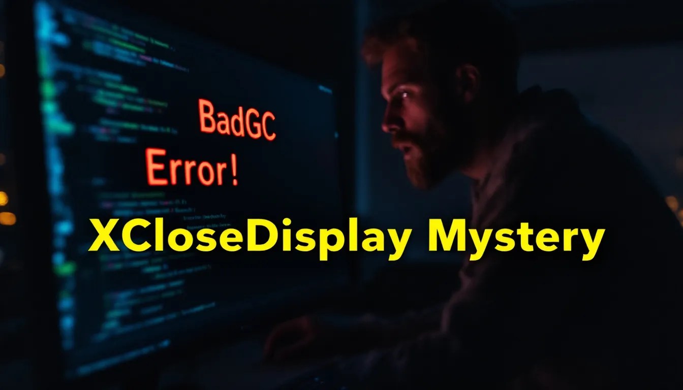 A developer analyzing X11 debug output with 'BadGC Error!' highlighted on the screen, exploring the causes behind XCloseDisplay errors.