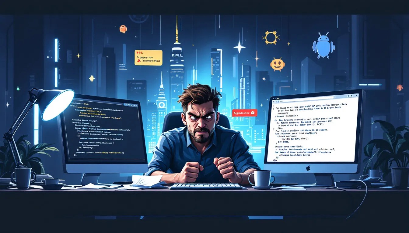 Frustrated developer debugging XSL variables in XSLT, surrounded by error messages and XML code, highlighting troubleshooting challenges.