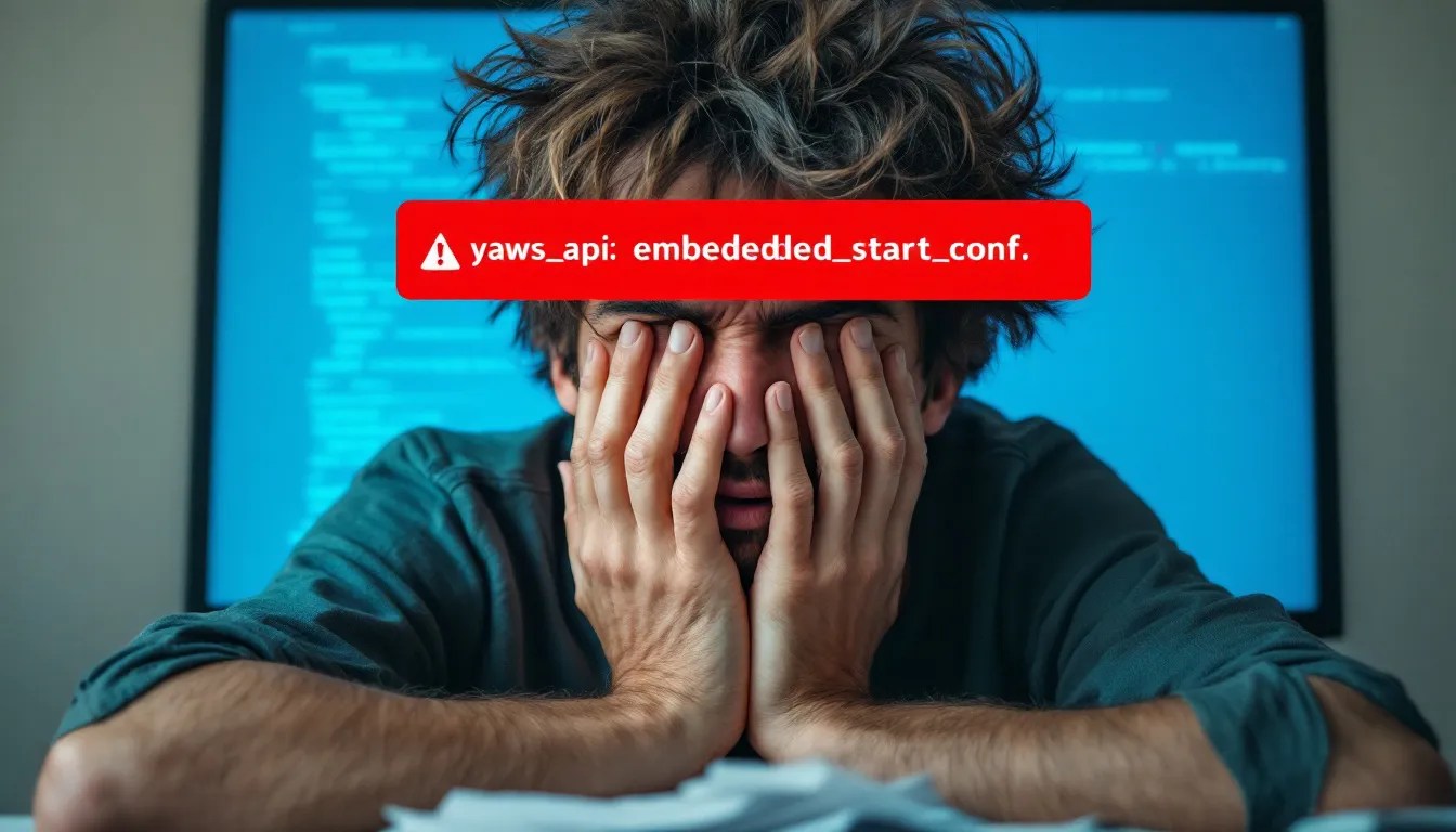 Frustrated developer struggling with Yaws configuration in Rebar3, looking at an error message on screen related to `yaws_api:embedded_start_conf`.