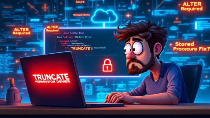 Confused developer facing Azure Function SQL TRUNCATE permission error due to missing ALTER rights, with visual elements showing Azure, SQL, managed identity, and solution hints.