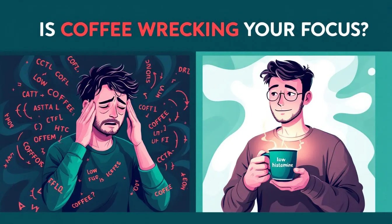 Split image of a stressed developer with brain fog beside a focused programmer drinking low histamine coffee