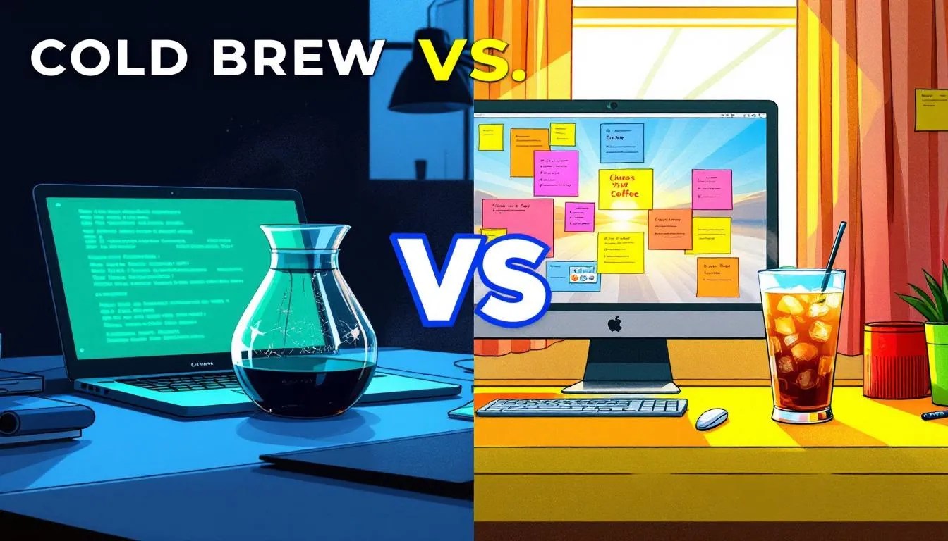 Cold brew vs iced coffee visual split screen showing developer workspaces with each coffee type, designed to appeal to coders choosing their energy source