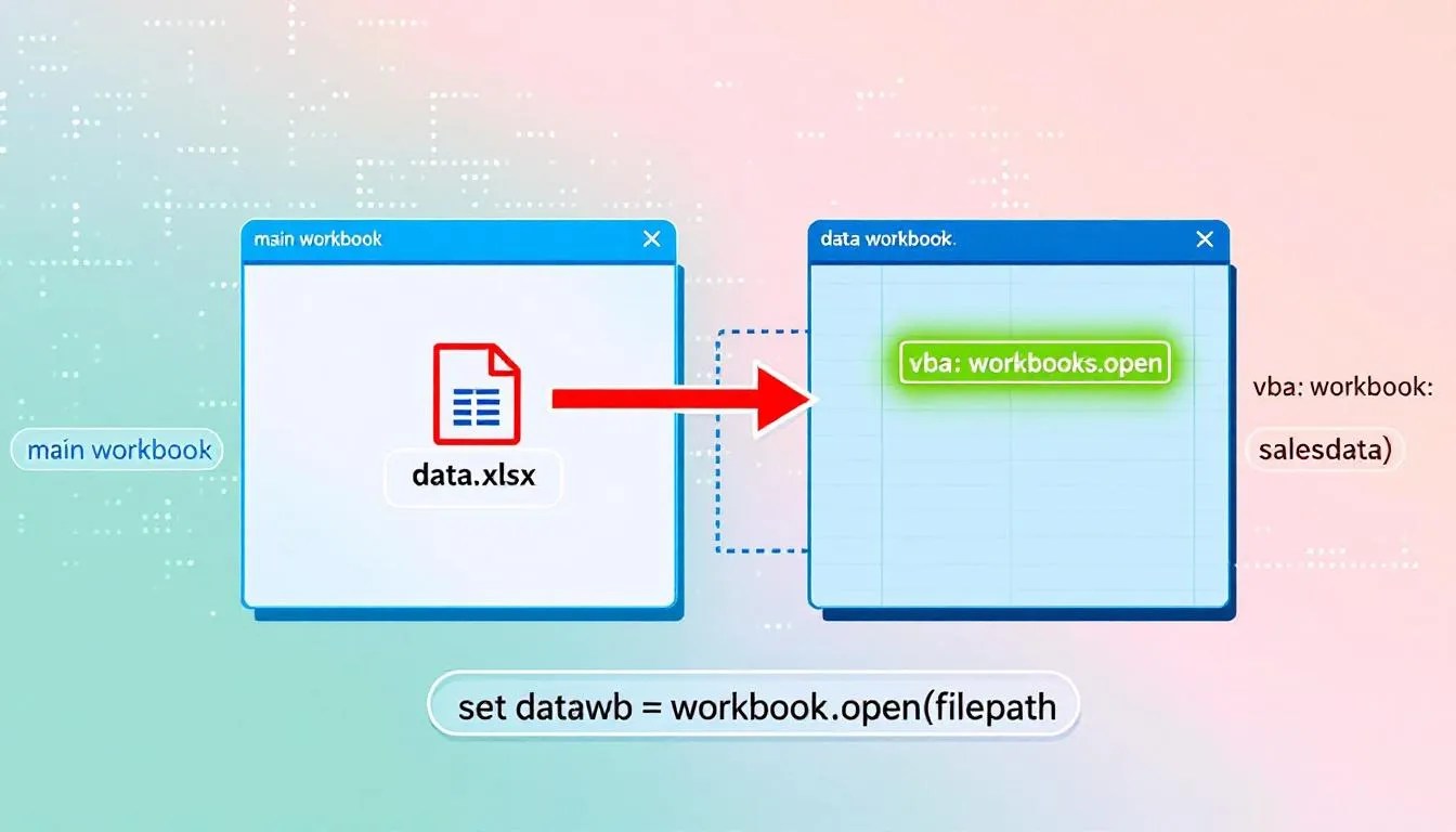 Diagram showing Excel named range referencing between two workbooks using VBA Workbooks.Open method with glowing arrows and code snippet
