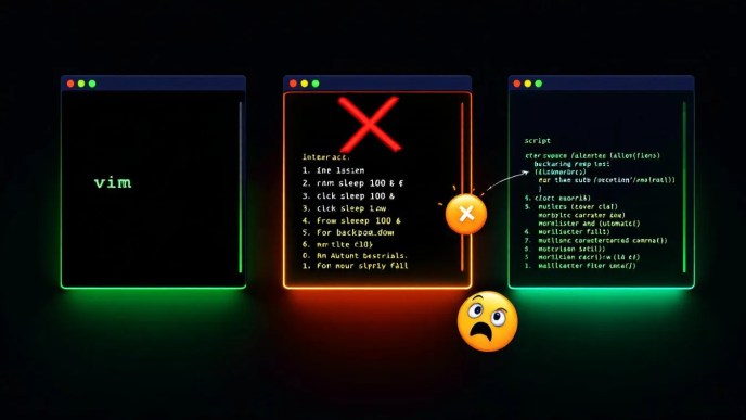 Illustration of Unix terminals showing interactive, background, and script-initiated processes with dramatic lighting and labels to highlight common scripting errors in Linux