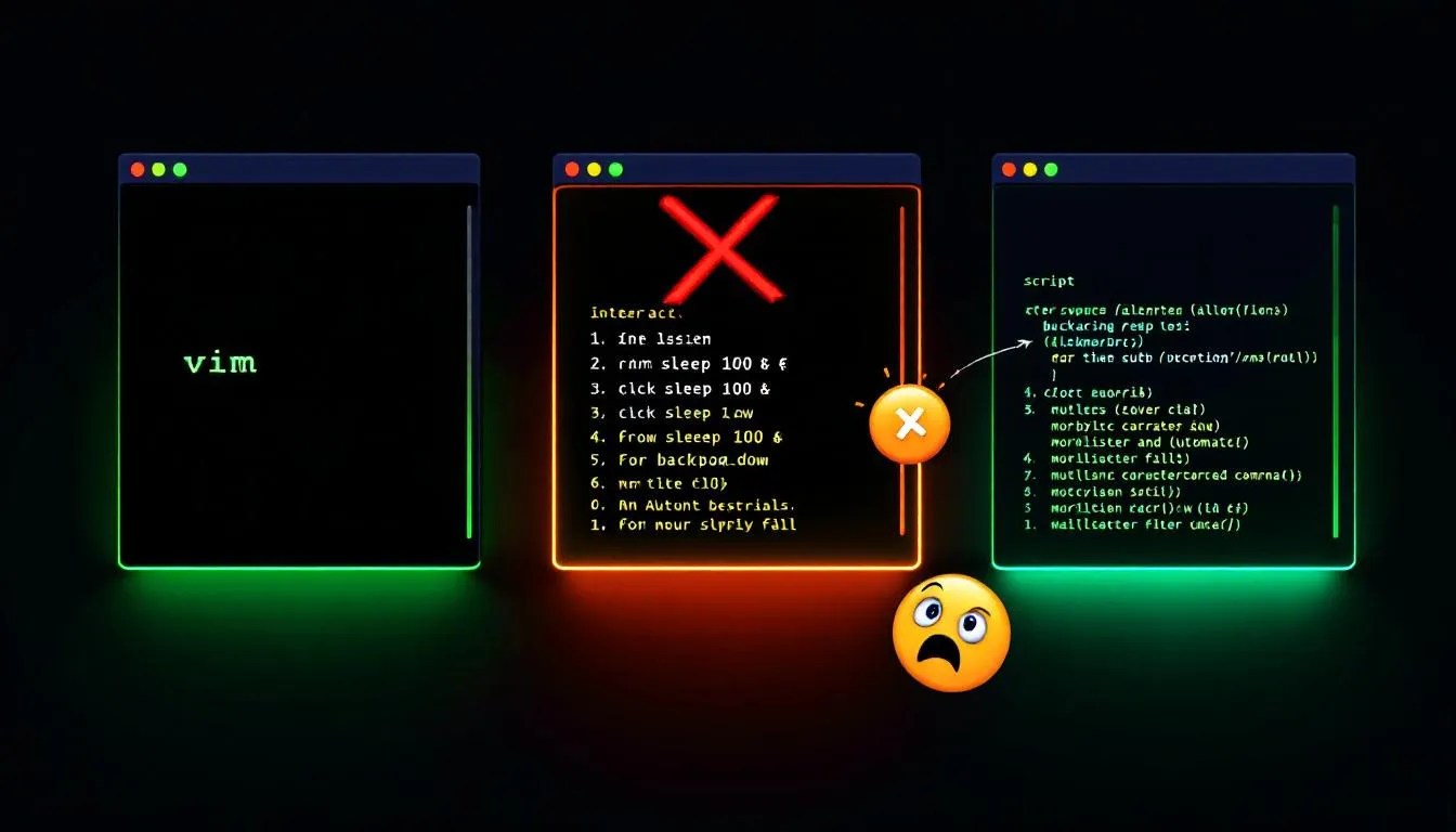 Illustration of Unix terminals showing interactive, background, and script-initiated processes with dramatic lighting and labels to highlight common scripting errors in Linux