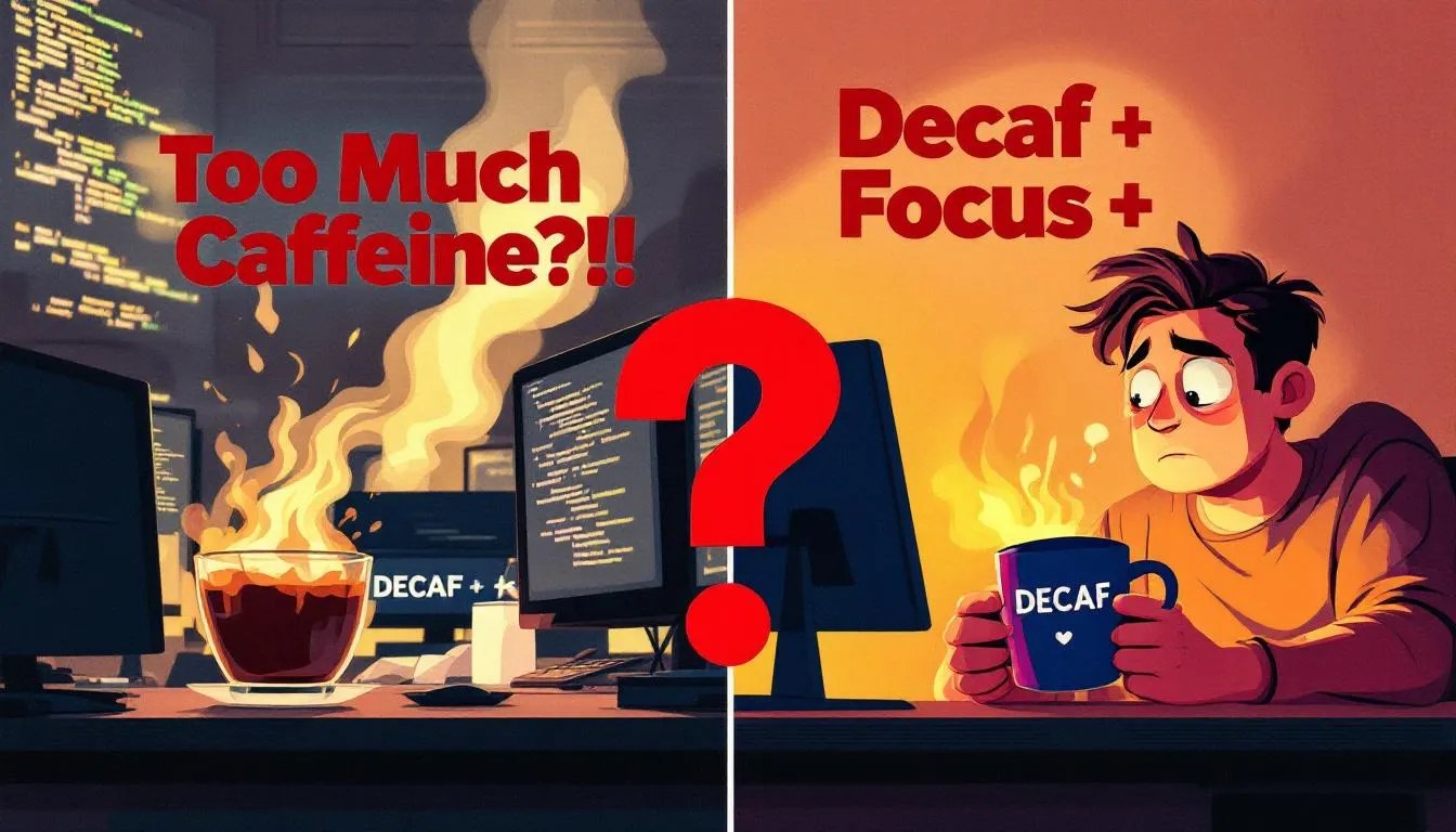 Split image showing tired developer with regular coffee vs energized developer drinking decaf, questioning if decaf coffee is bad for health and productivity