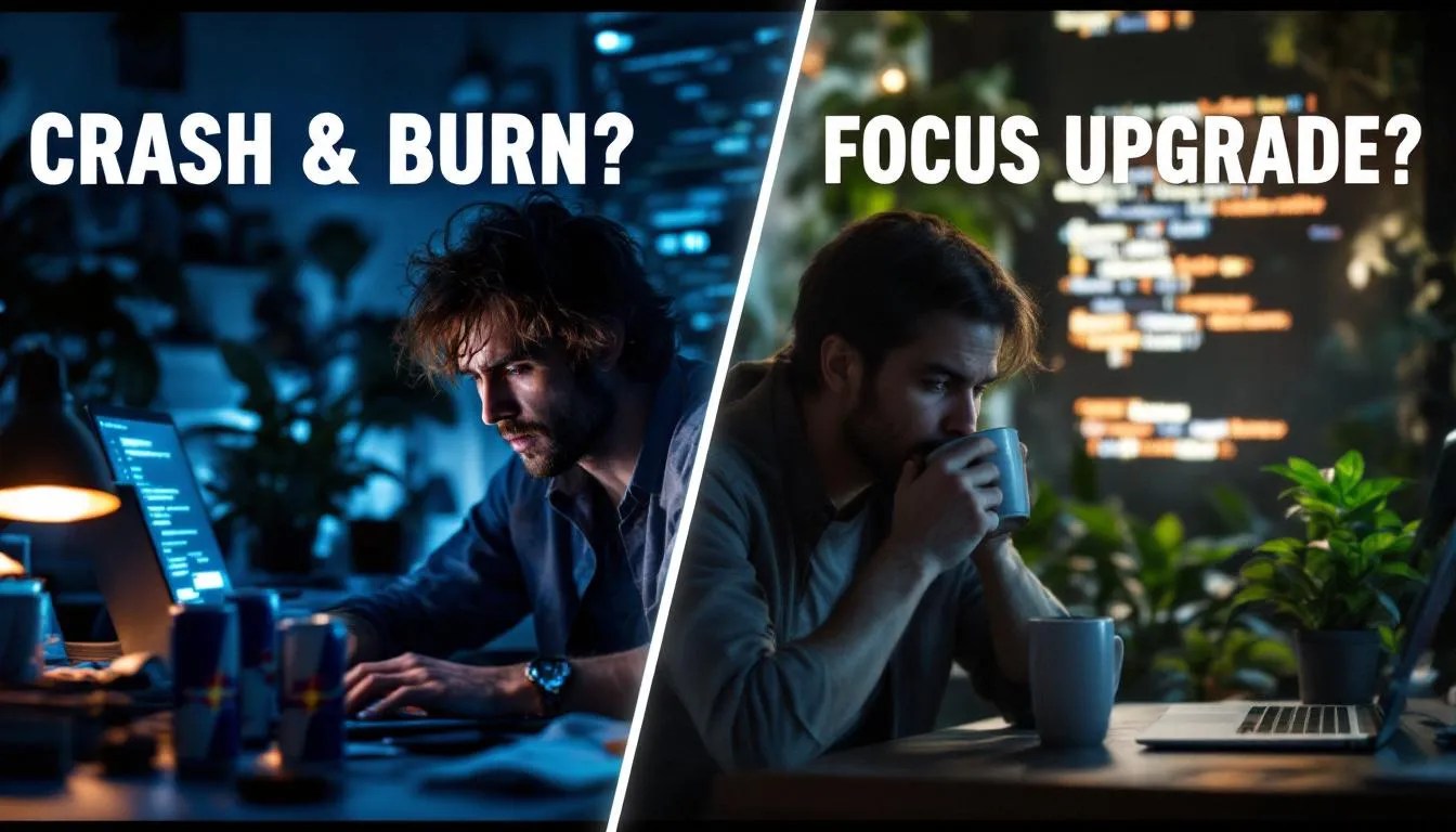 Split-screen of a tired jittery developer with regular coffee vs a calm focused developer drinking mushroom coffee surrounded by UI code and mushrooms