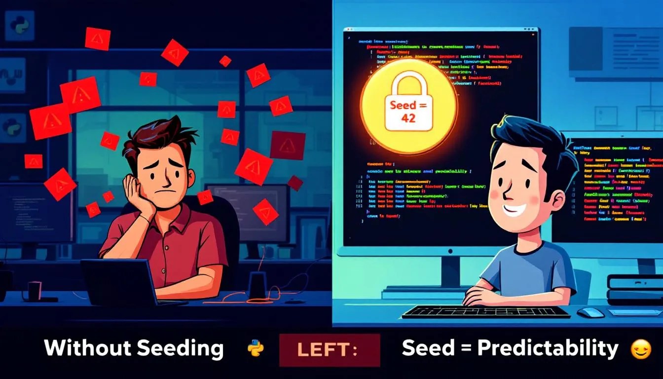 NumPy random generation shown with and without seeding using default_rng; a developer is confused on one side with inconsistent results, and calm on the other side with predictable outputs using default_rng with seed