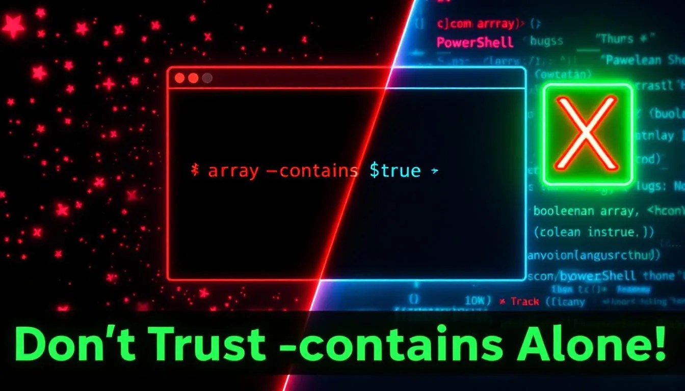 PowerShell boolean array validation showing wrong use of -contains with warning and correct code pattern using green check and PowerShell logo.