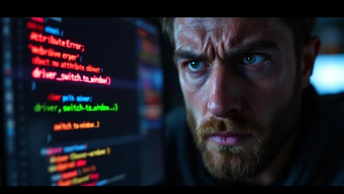 Frustrated Python developer fixing Selenium switch_to_window error with corrected syntax in code editor