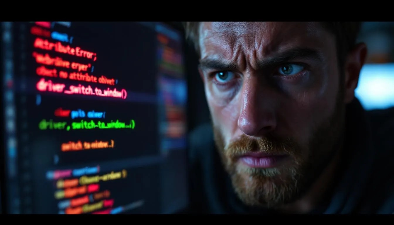 Frustrated Python developer fixing Selenium switch_to_window error with corrected syntax in code editor
