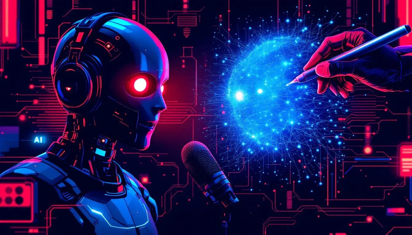 Illustration of AI voice deepfake danger represented by a robotic figure and machine unlearning symbolized by a neural network being erased by a developer
