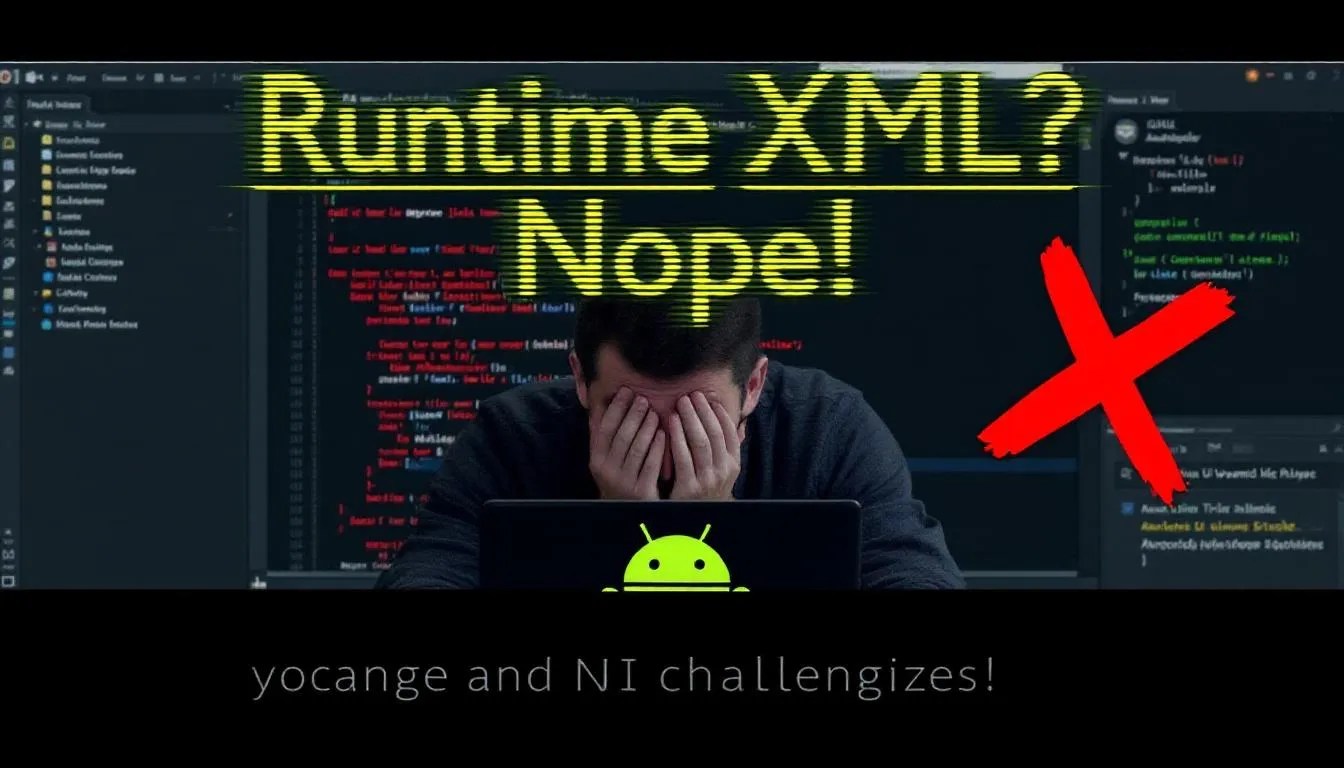 Frustrated Android developer facing runtime XML parsing issue with compilation errors on screen, demonstrating Android's limitation for dynamic UI generation