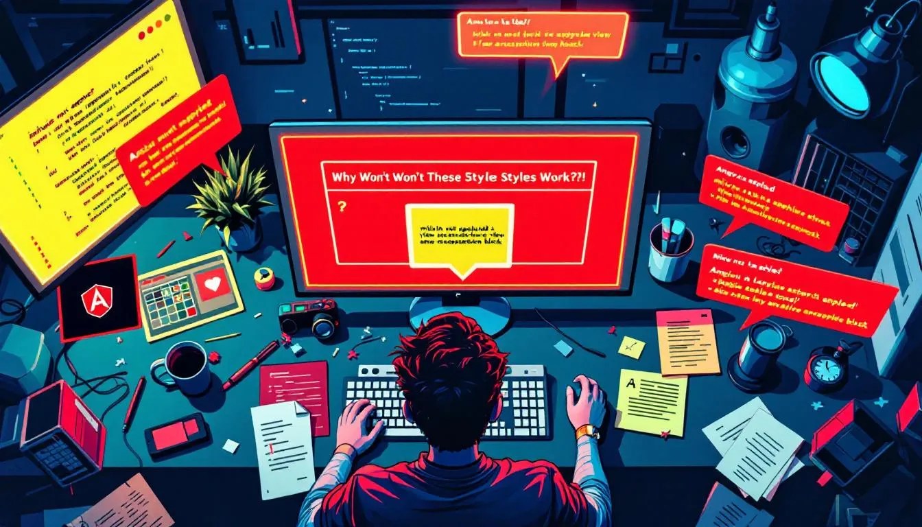 Frustrated Angular developer debugging Angular Material 19 mat-tab styling issues with mixins and view encapsulation