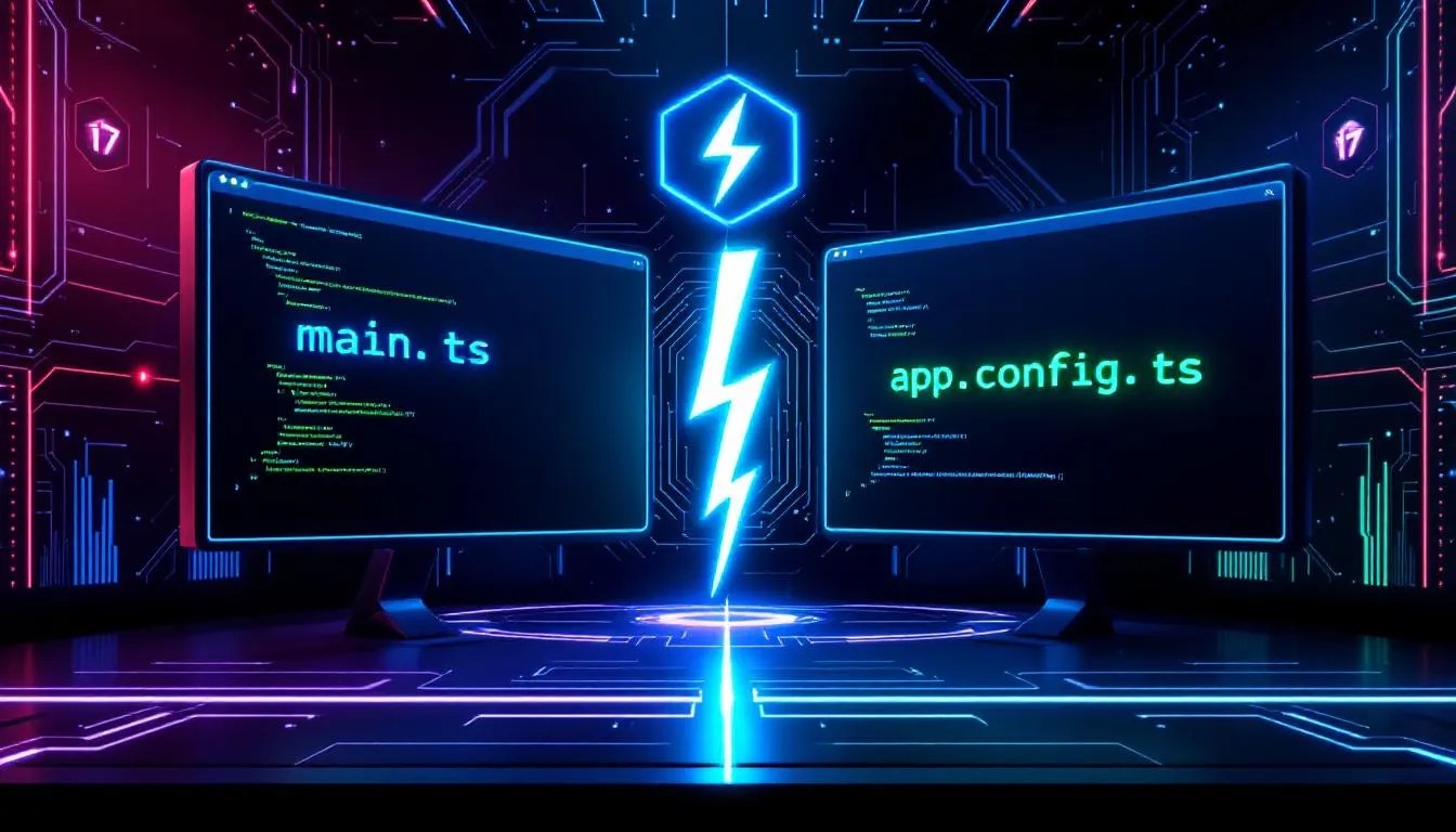 Angular 17 main.ts vs app.config.ts futuristic coding interface with electric face-off