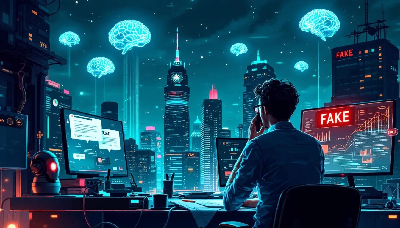 Futuristic city in 2025 powered by AI brains, with a developer surrounded by AI tools depicting hallucinations, energy load, and uncertainty