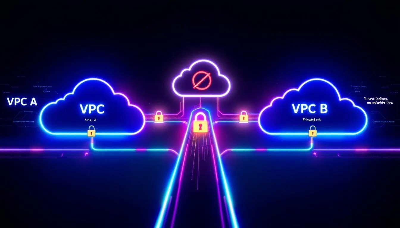 Illustration of AWS VPC Endpoint Services with two secure VPCs connected by PrivateLink using a glowing encrypted tunnel, showing private AWS connectivity without the public internet