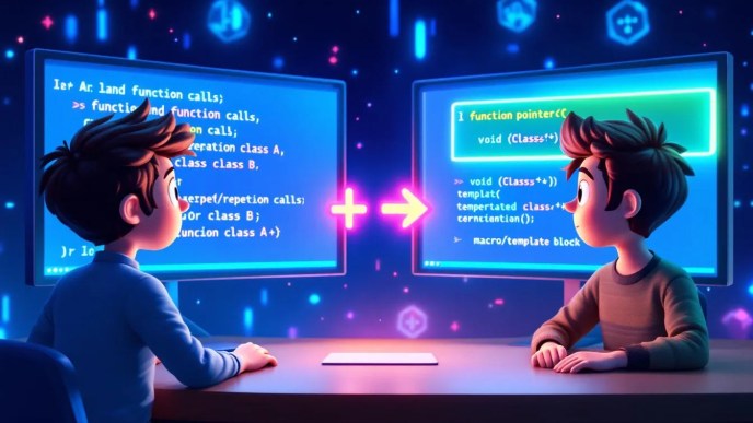 C++ developer using function pointers and templates to call class methods efficiently with split screen showing before and after code simplification