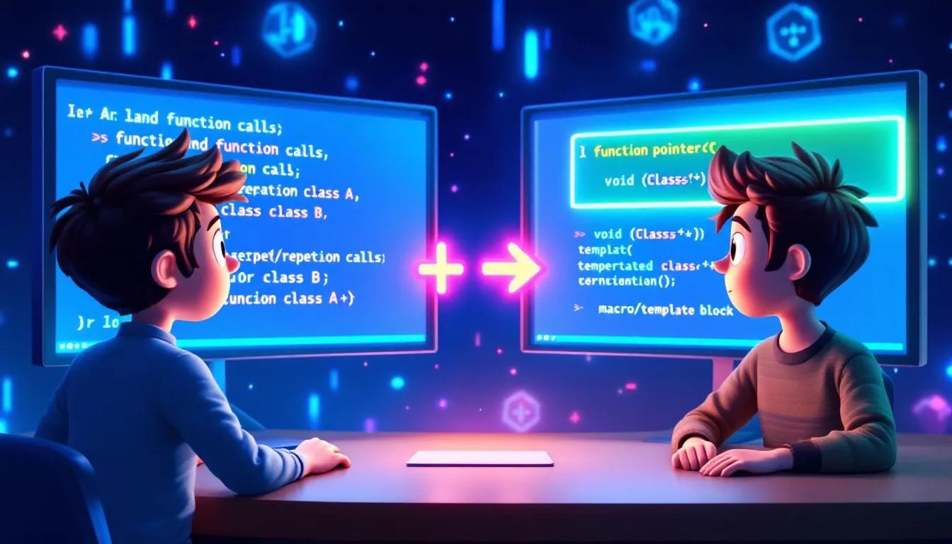 C++ developer using function pointers and templates to call class methods efficiently with split screen showing before and after code simplification