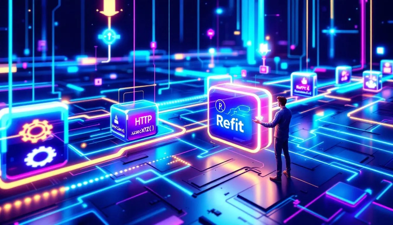 Developer inserting Refit into a glowing modular middleware pipeline representing correct middleware extensions setup in .NET with HttpClient and service configuration
