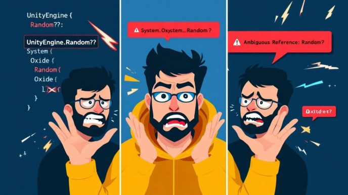C# ambiguous Random reference error illustrated with UnityEngine.Random, System.Random, and Oxide.Random conflict in a coding environment thumbnail
