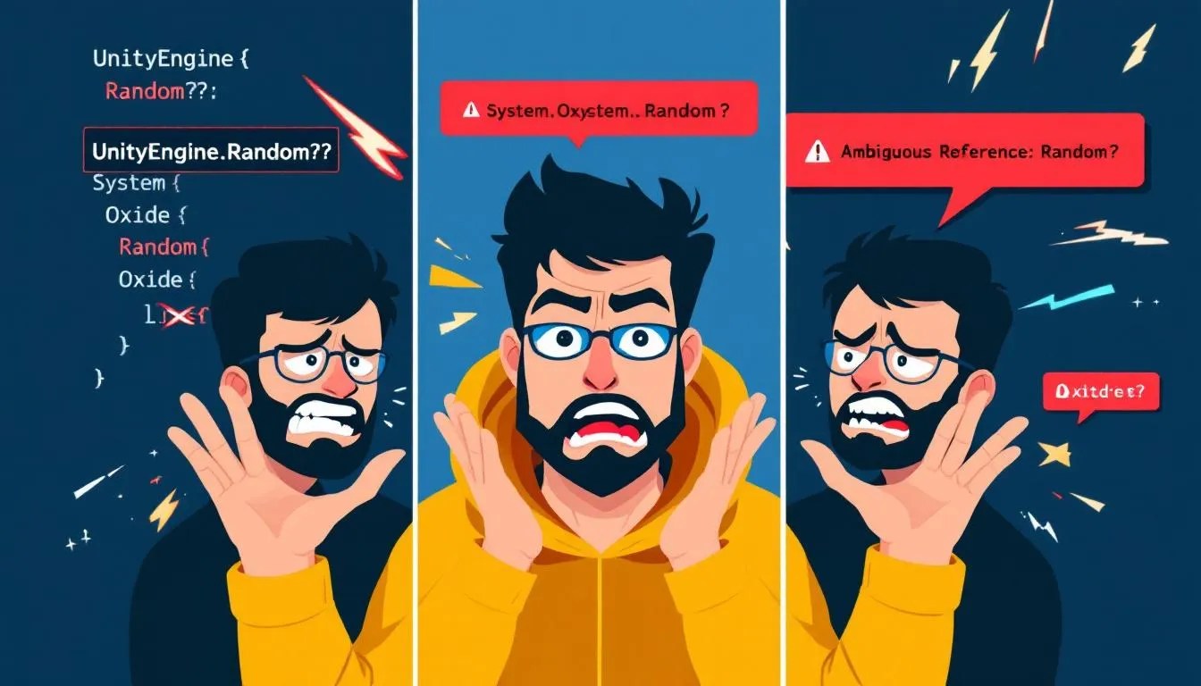 C# ambiguous Random reference error illustrated with UnityEngine.Random, System.Random, and Oxide.Random conflict in a coding environment thumbnail