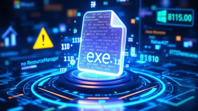 Illustration of a C# NativeAOT .exe file being embedded with binary data using byte arrays and .rc files, with a no ResourceManager symbol behind it