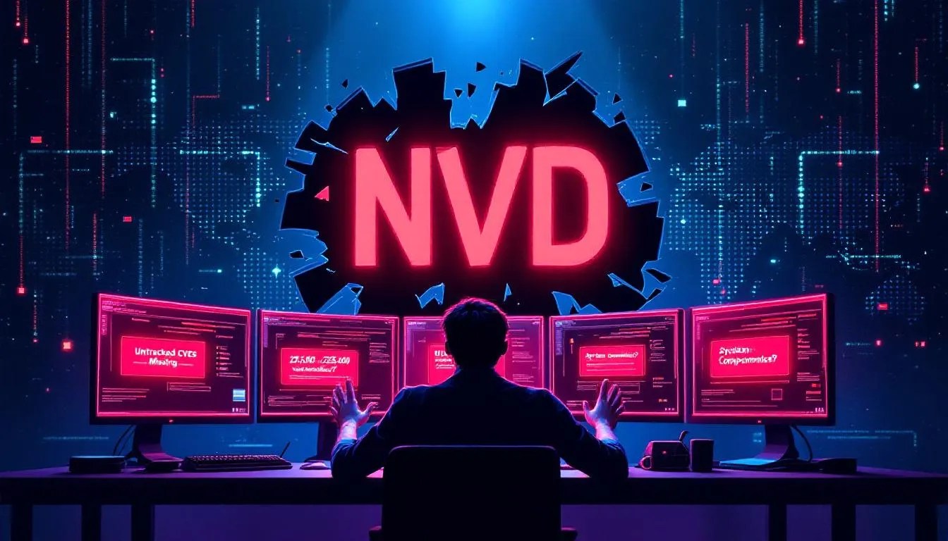 Crumbling National Vulnerability Database logo with worried developer surrounded by digital warnings and global threat symbols