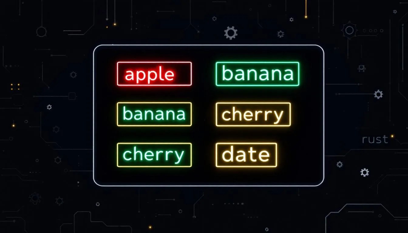 Futuristic visualization of two Rust vectors with highlighted overlapping indexes for elements like 'apple' and 'banana', showcasing data comparison and Rust performance.