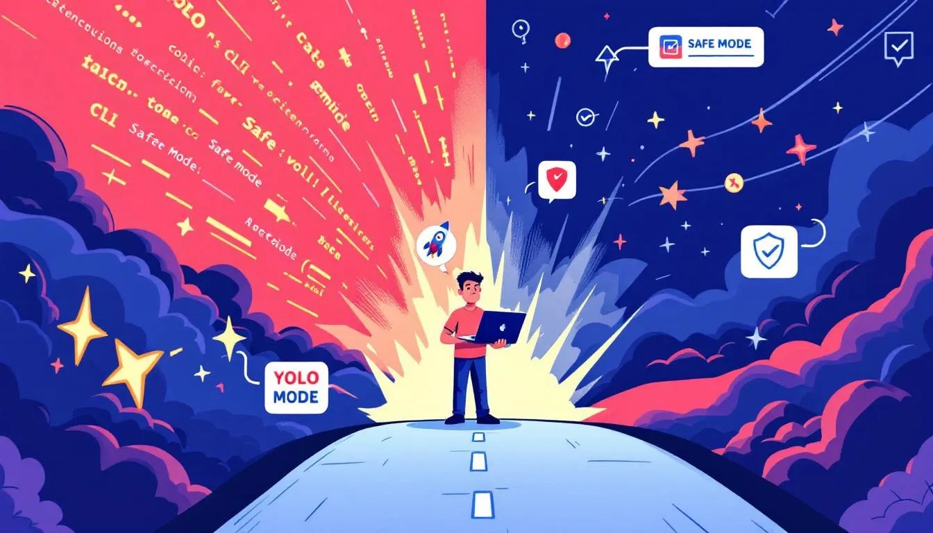 Illustration of developer choosing between YOLO Mode and Secure Mode in Gemini CLI, highlighting automation speed versus risk of unsafe command approvals.