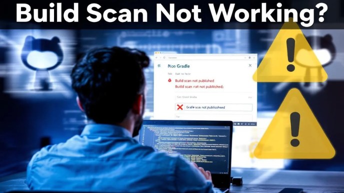 Developer frustrated as Gradle build scan fails to publish in GitHub Actions, with error symbols and CI pipeline graphics