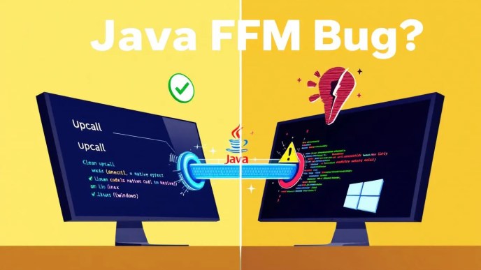 Java FFM upcall bug with struct and pointer on Windows; split image comparing working Linux implementation and broken Windows behavior