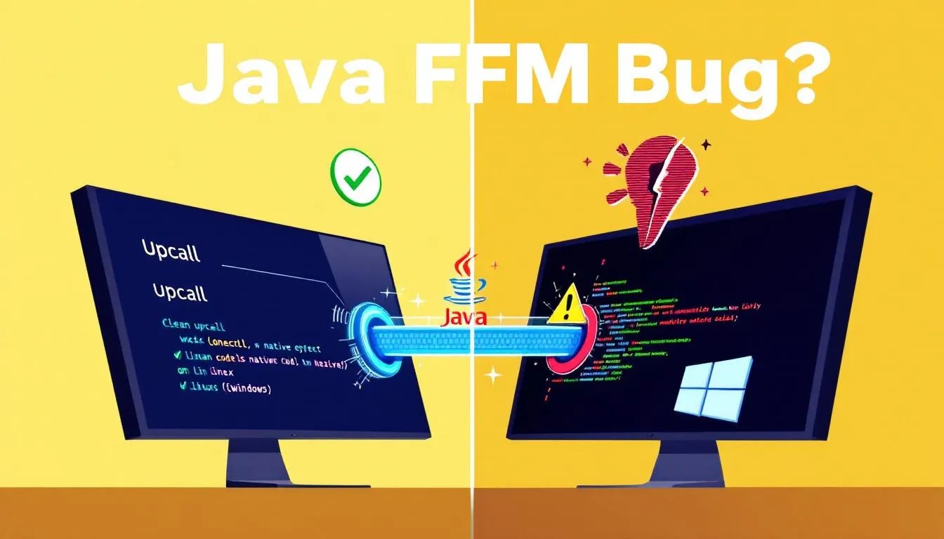 Java FFM upcall bug with struct and pointer on Windows; split image comparing working Linux implementation and broken Windows behavior