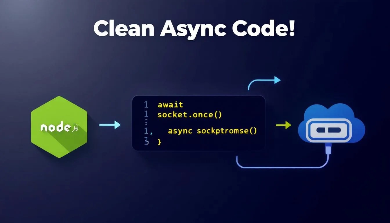 JavaScript await socket.once code thumbnail showing Node.js logo and TCP socket icon symbolizing async code waiting for socket response