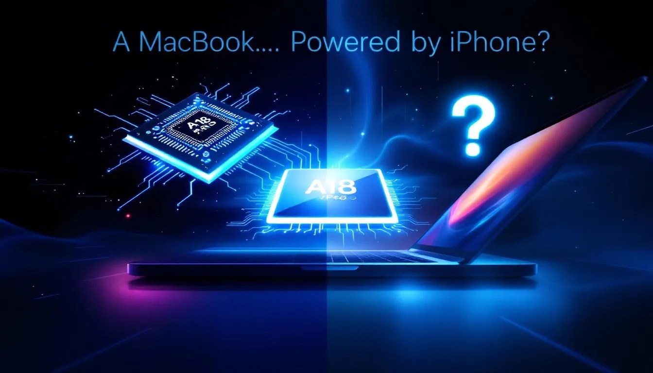 Futuristic MacBook and glowing iPhone A18 Pro chip suggesting Apple's next-gen silicon transition