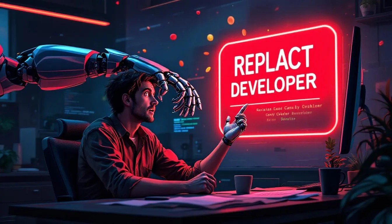 AI robot pressing 'replace developer' button as game developer looks defeated, symbolizing Microsoft's AI replacing Candy Crush staff