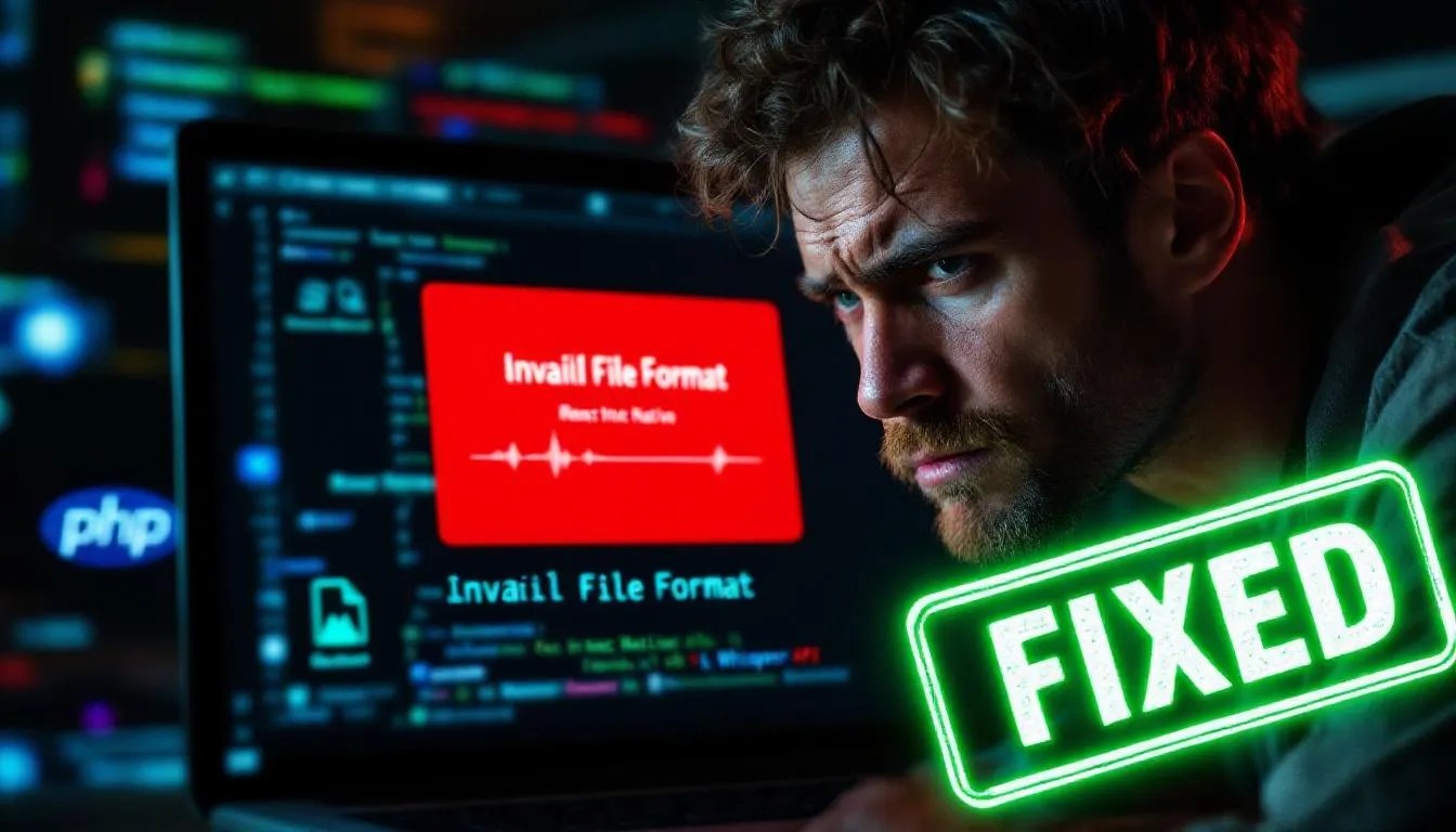 Developer facing 'Invalid File Format' error when uploading audio to OpenAI Whisper API using React Native or PHP backend with a visual fix indicator