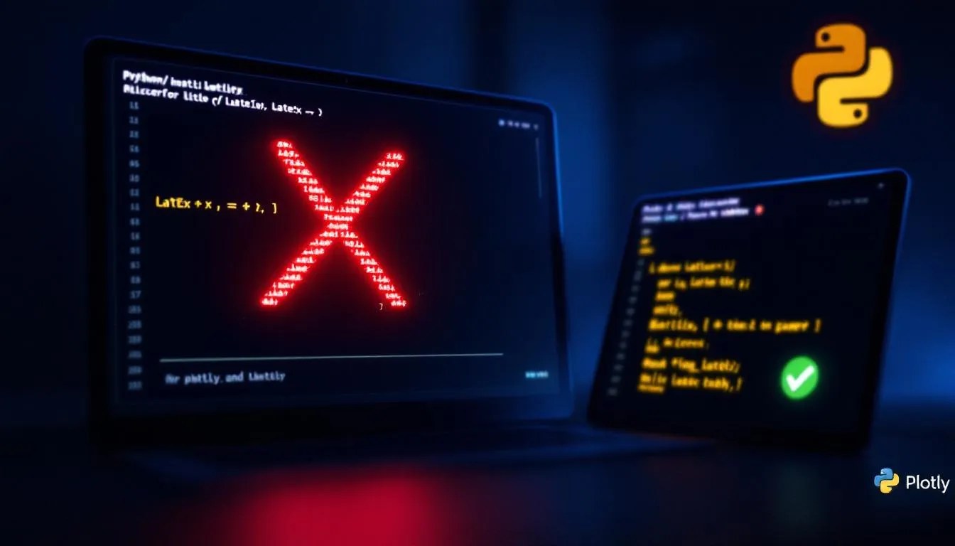 Broken and fixed LaTeX equations in Plotly chart titles, highlighting how to add line breaks in math mode with Python
