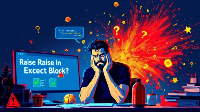 Python developer looking at exception traceback errors with question 'Raise in Except Block?', symbolizing exception handling best practices