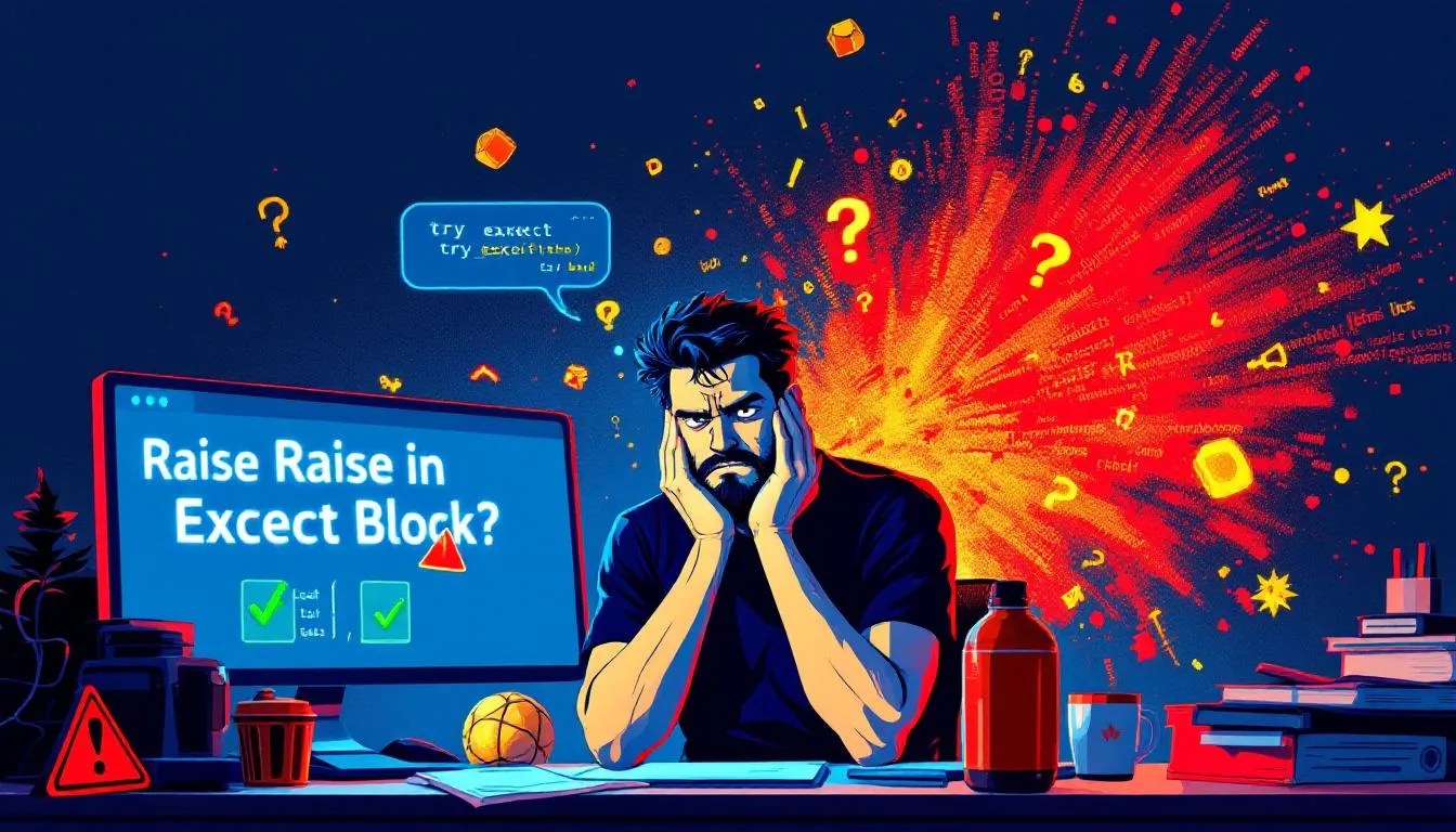 Python developer looking at exception traceback errors with question 'Raise in Except Block?', symbolizing exception handling best practices