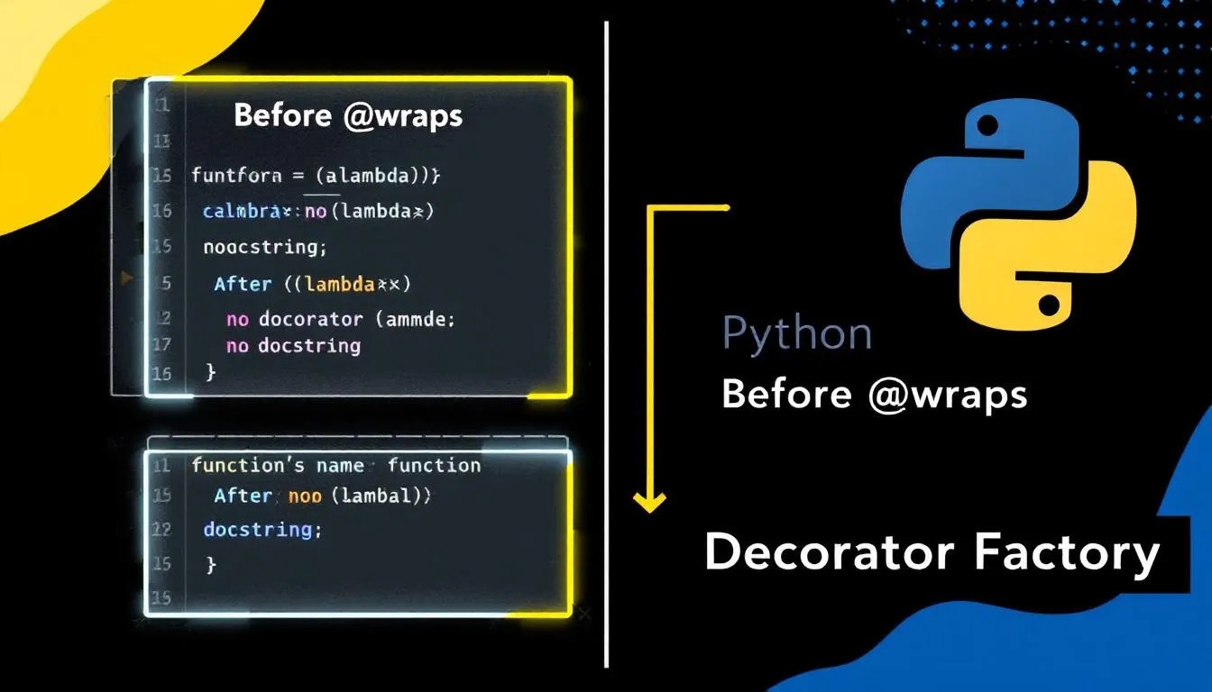 Python @wraps decorator factory thumbnail showing before and after comparison of function metadata preservation