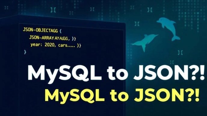 Visual representation of extracting multidimensional JSON data from MySQL using SQL functions like JSON_OBJECTAGG and JSON_ARRAYAGG. Terminal window with SQL query outputting nested JSON structure, MySQL logo, and floating JSON brackets.