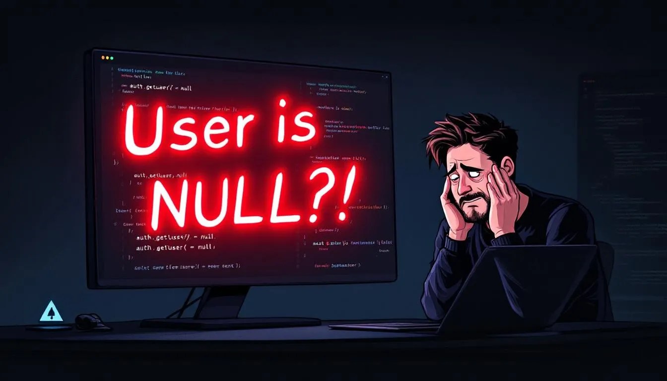 Frustrated developer with code errors showing 'auth.getUser() = null' in a dark coding environment, highlighting Supabase and Next.js authentication issue