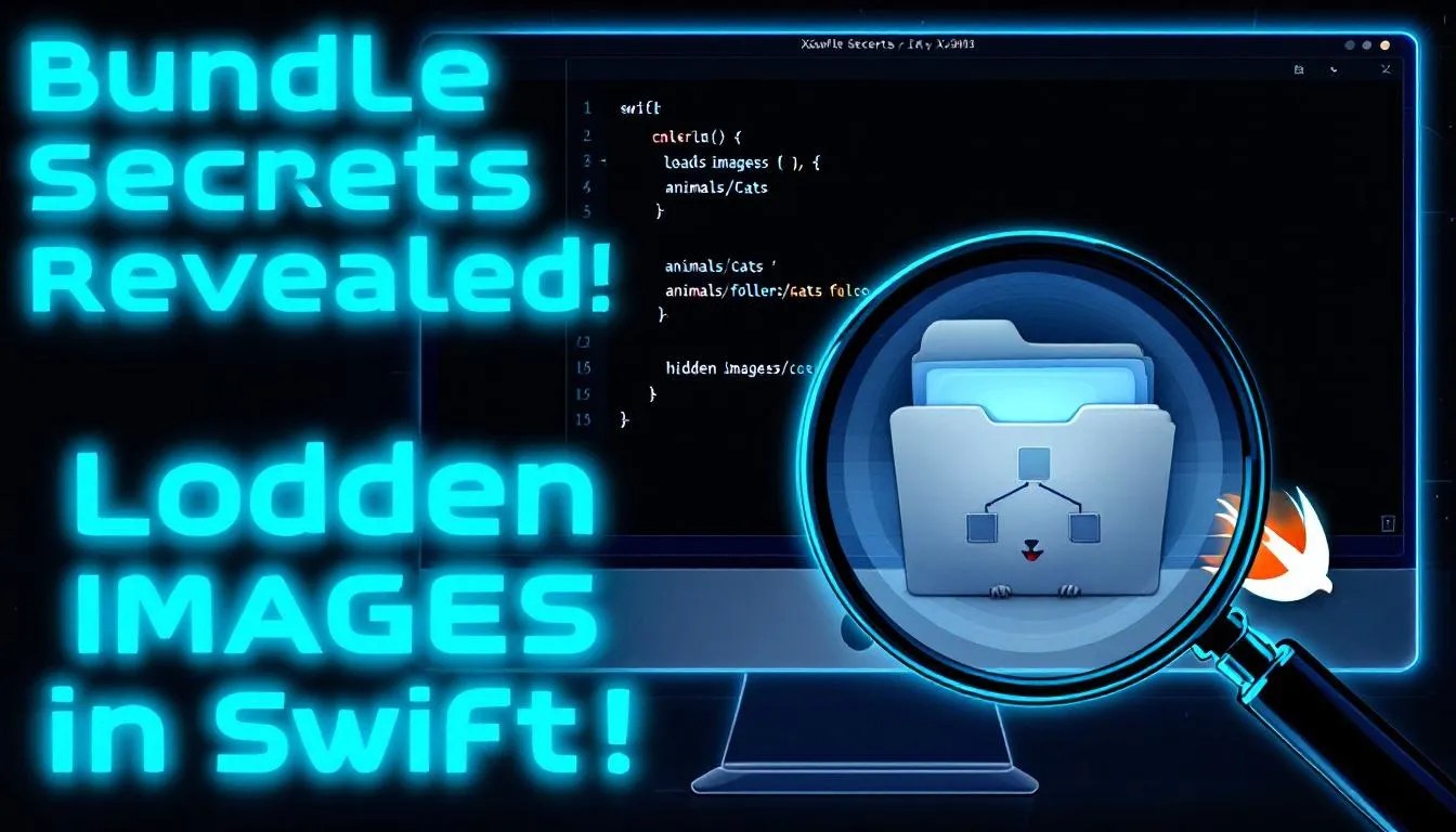 Swift developer thumbnail showing code to load images from nested folders in an app bundle, with Xcode interface and visual icons of file directories