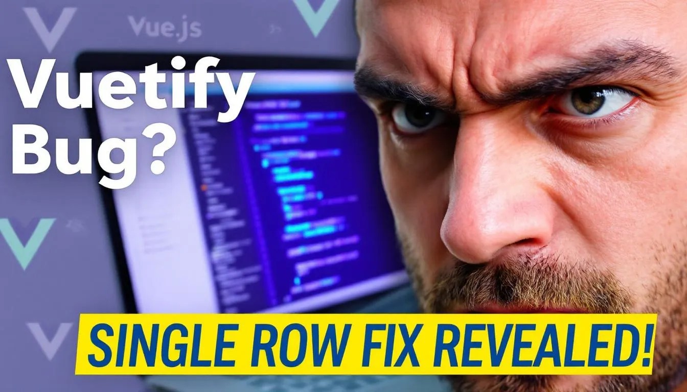 Frustrated developer with Vuetify data-table showing all rows expanded, highlighting issue and single row fix