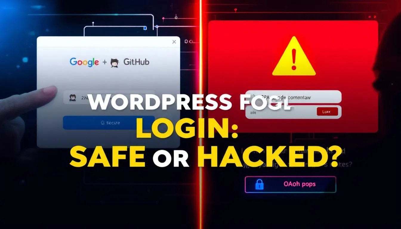 Split-screen image comparing secure WordPress login using Google/GitHub with a compromised login showing hacker warning, representing risks and safety of connecting accounts